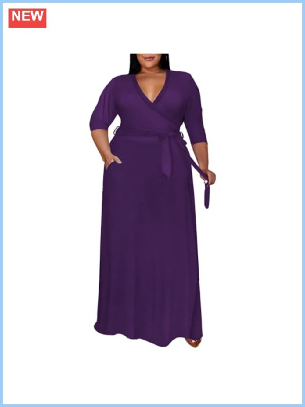 Plus Size Maxi Dress 3/4 Sleeve Wrap V-Neck with Belt Ruffle Hem High Waist